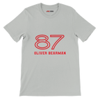 f111 merch silver color t-shirt1 with oliver-bearman branding.