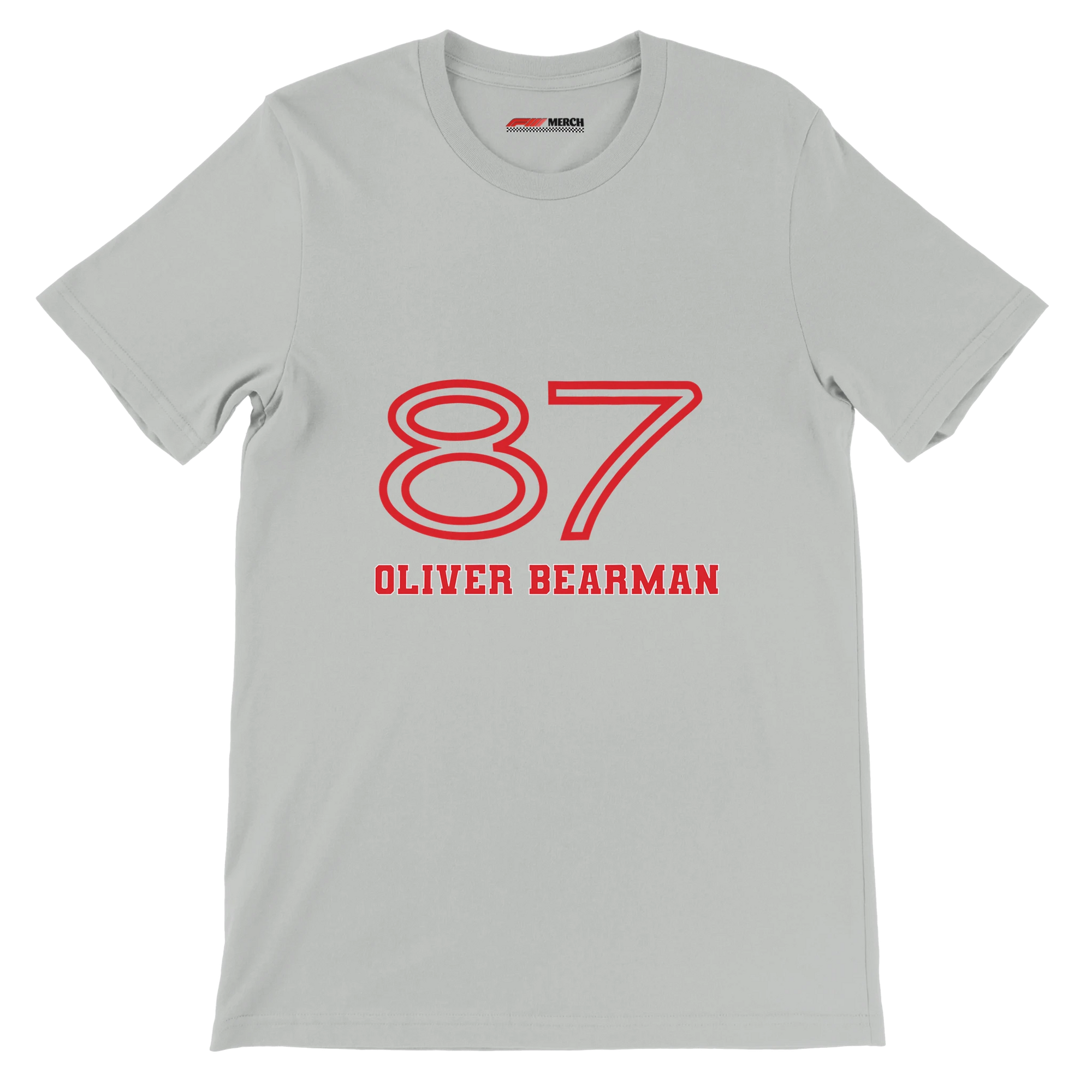 f111 merch silver color t-shirt1 with oliver-bearman branding.