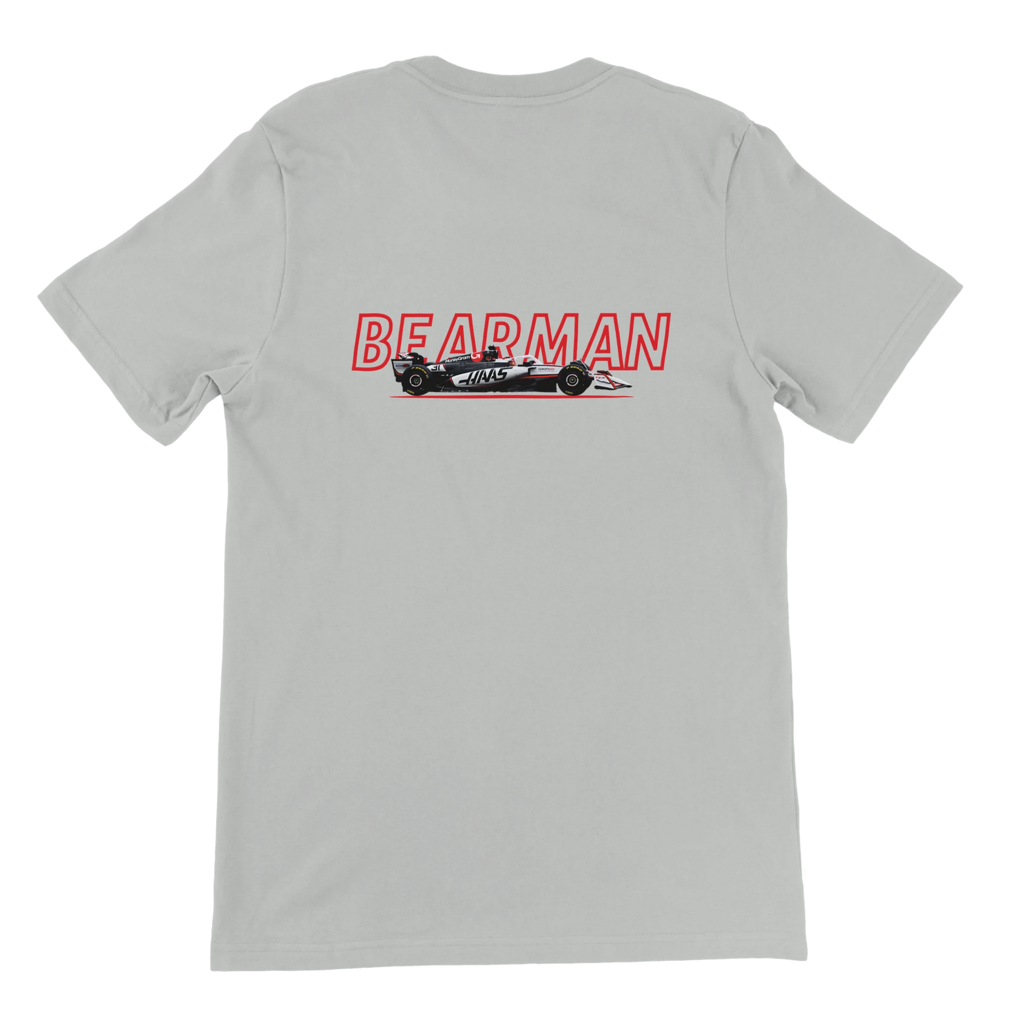 f111 merch silver color t-shirt1 with oliver-bearman branding.