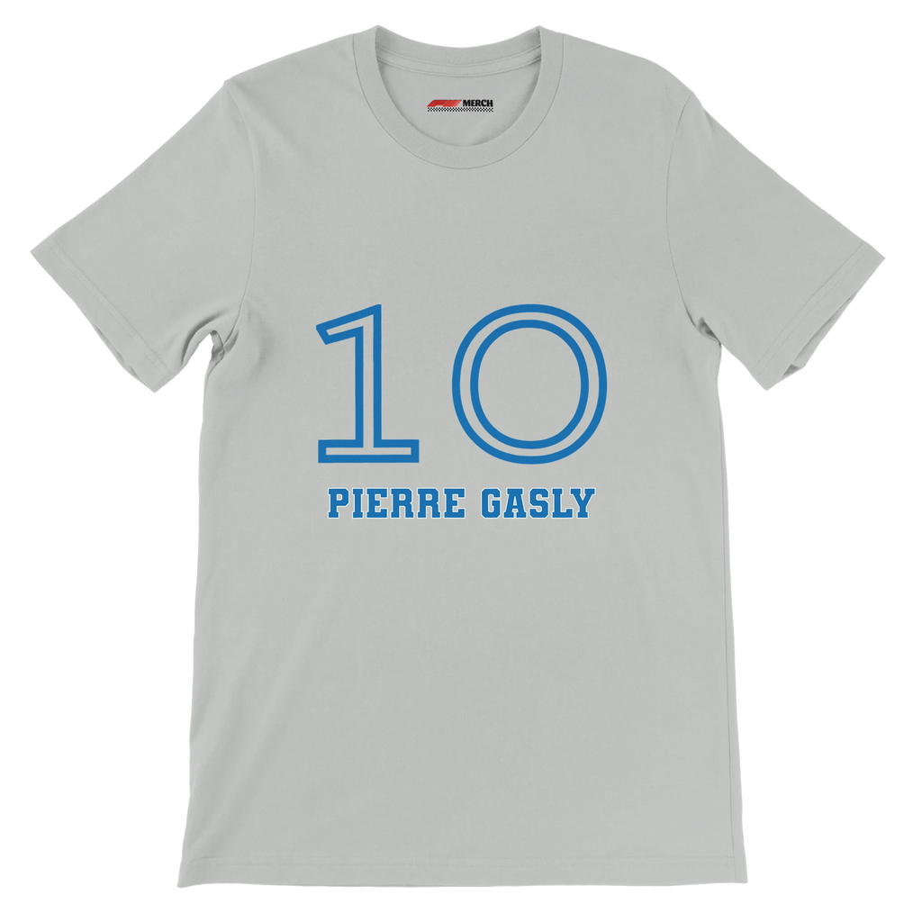f111 merch silver color t-shirt1 with pierre-gasly branding.