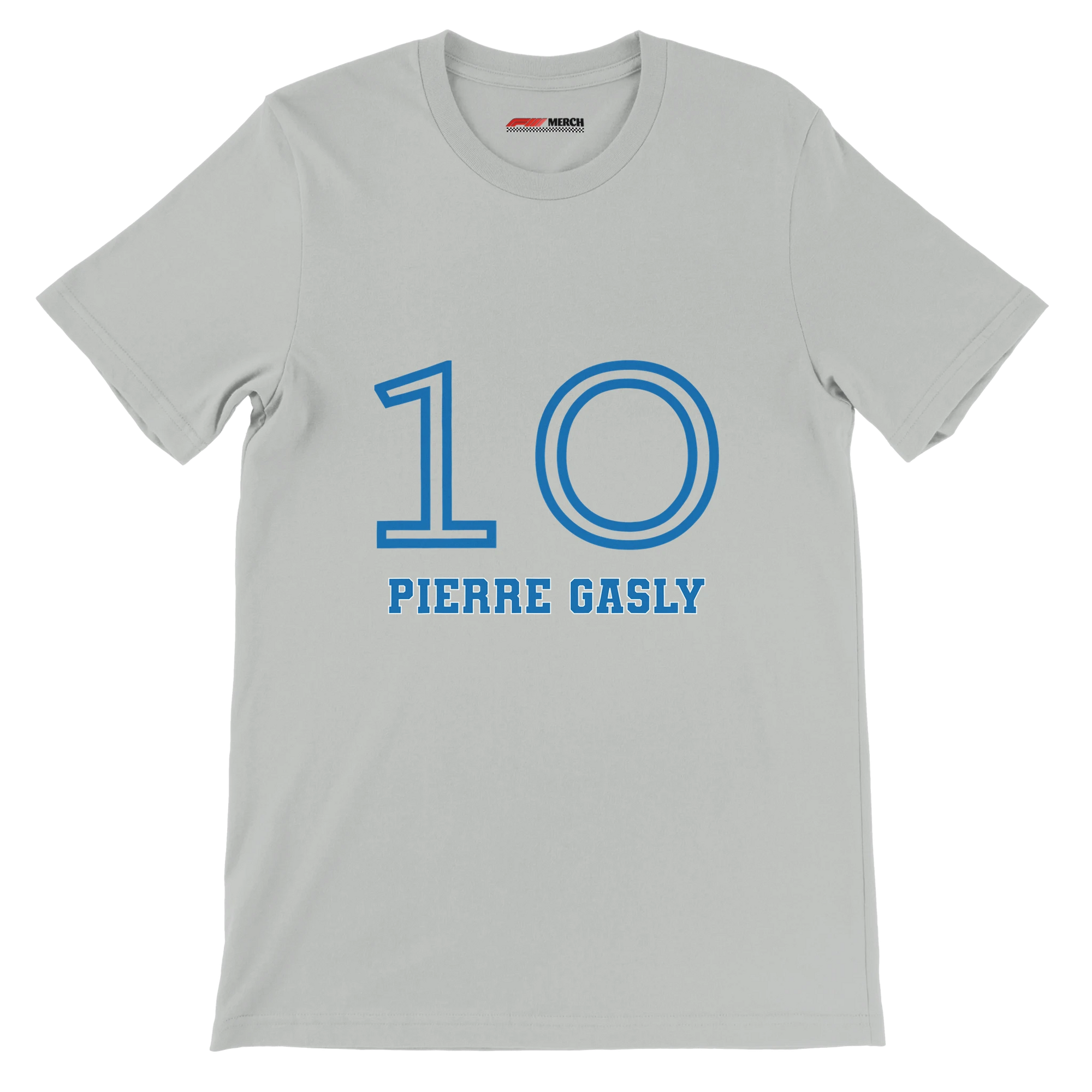f111 merch silver color t-shirt1 with pierre-gasly branding.