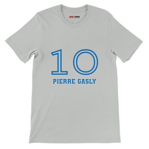 f111 merch silver color t-shirt1 with pierre-gasly branding.
