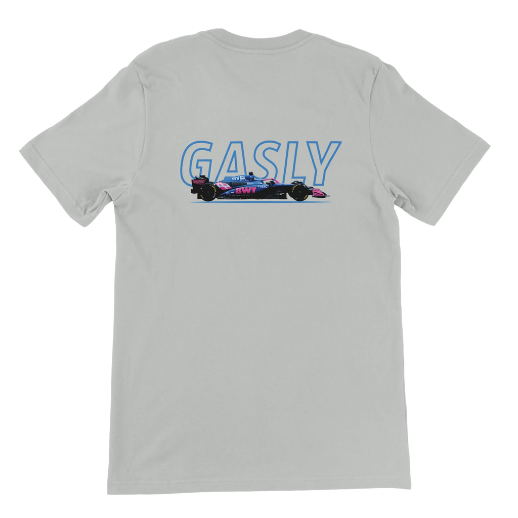 f111 merch silver color t-shirt1 with pierre-gasly branding.