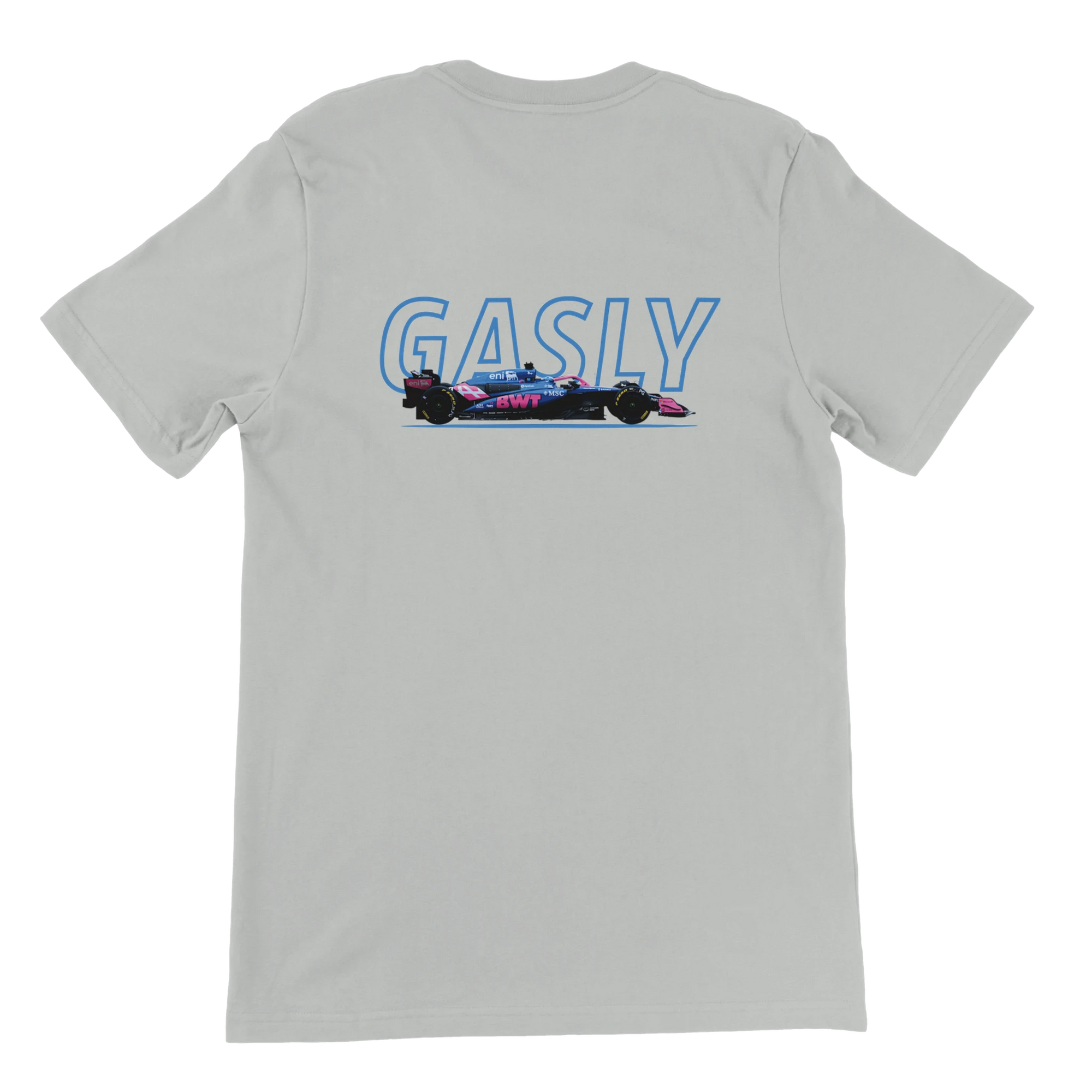 f111 merch silver color t-shirt1 with pierre-gasly branding.