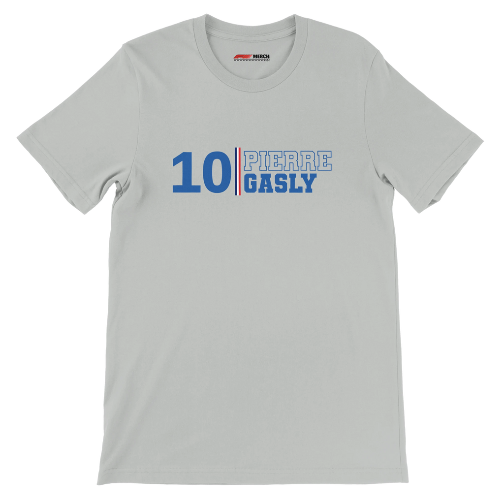 f111 merch silver color t-shirt1 with pierre-gasly branding.
