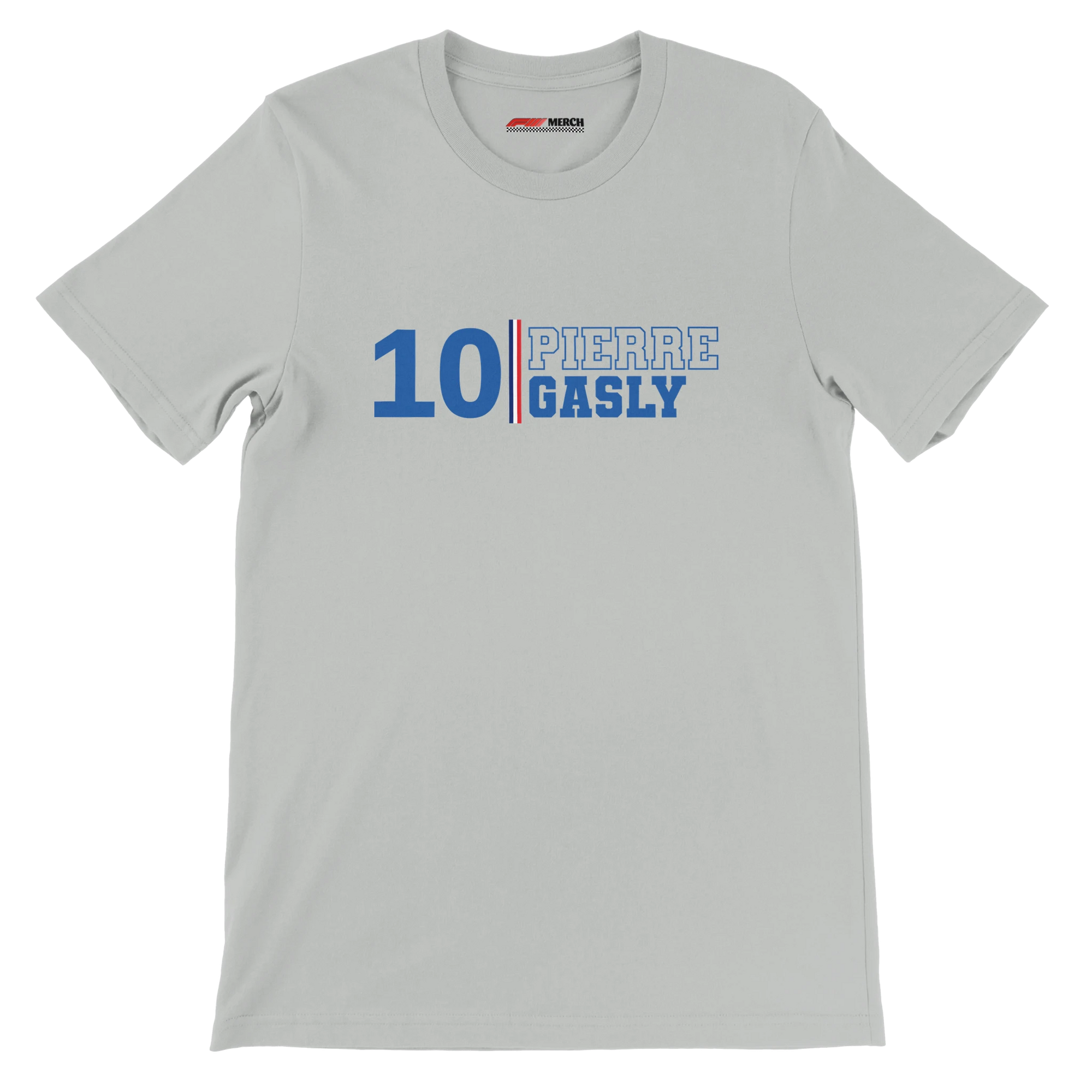 f111 merch silver color t-shirt1 with pierre-gasly branding.