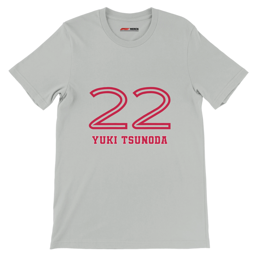 f111 merch silver color t-shirt1 with yuki-tsunoda branding.