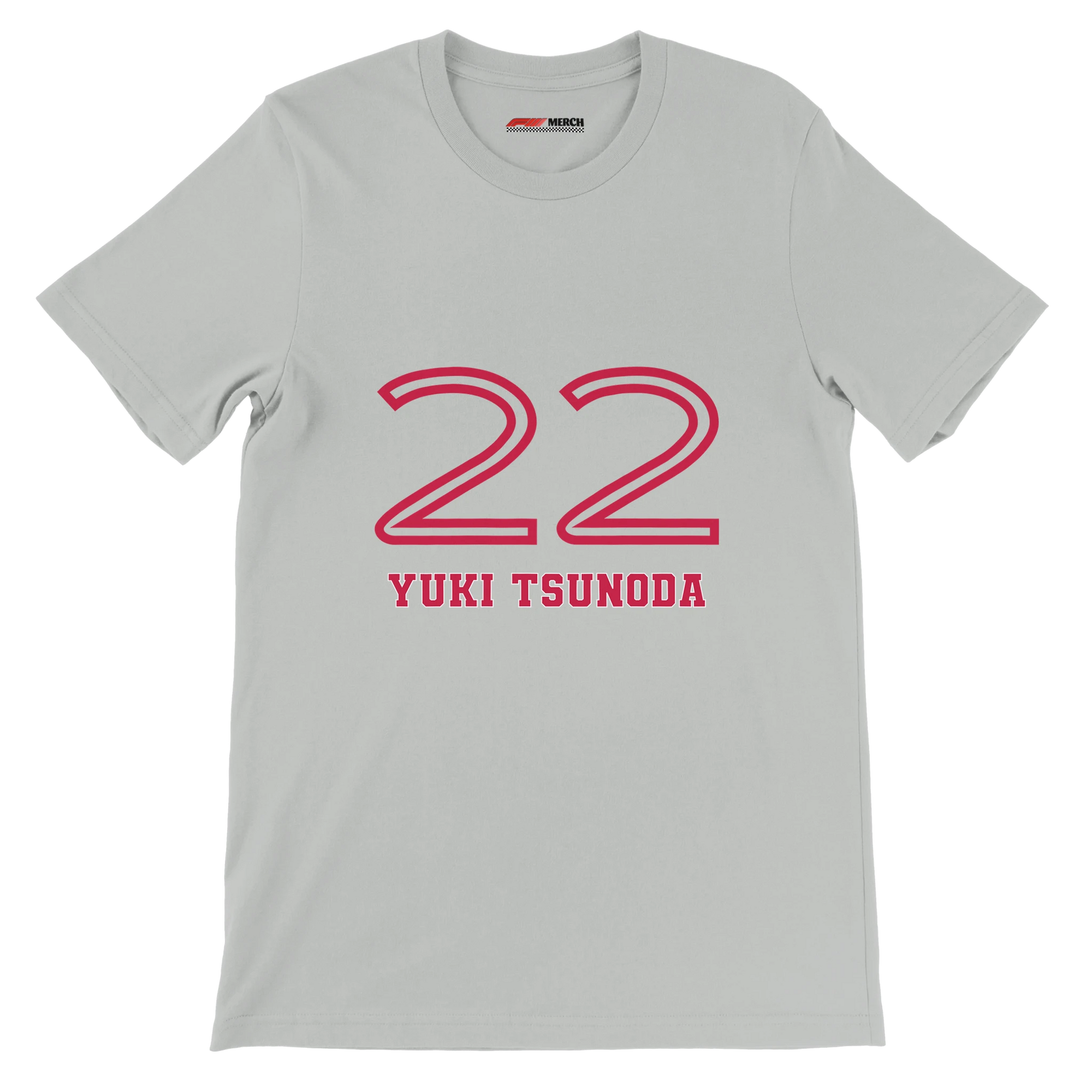 f111 merch silver color t-shirt1 with yuki-tsunoda branding.