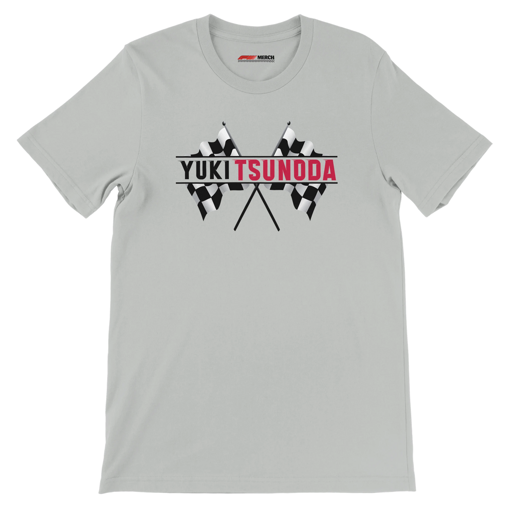 f111 merch silver color t-shirt1 with yuki-tsunoda branding.