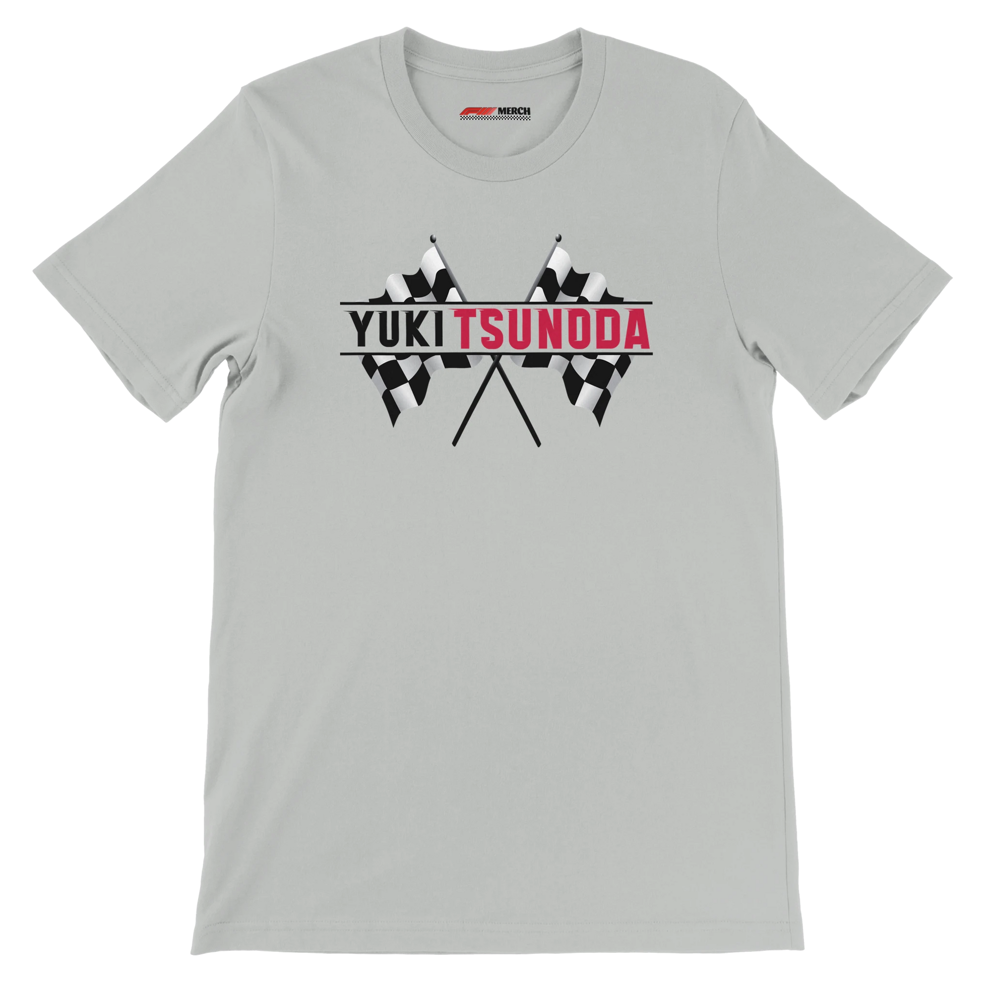 f111 merch silver color t-shirt1 with yuki-tsunoda branding.