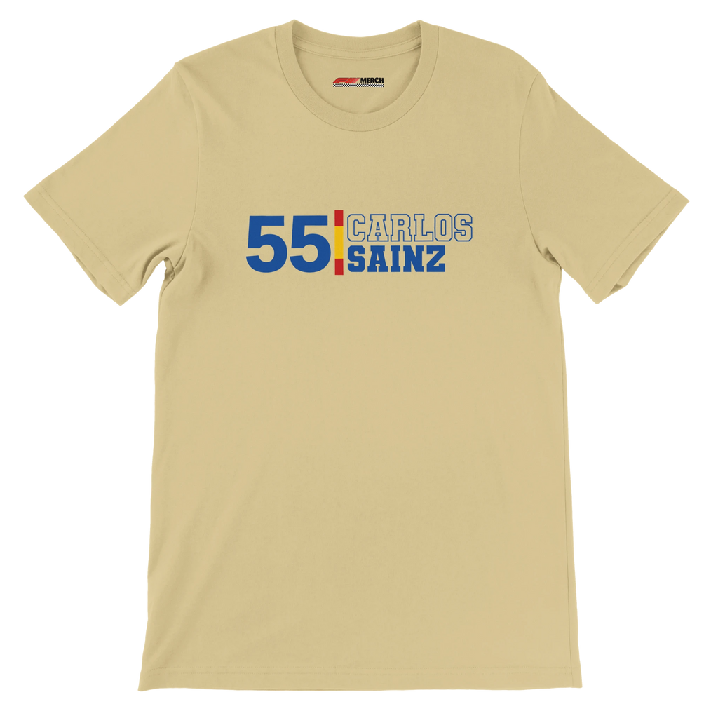 f111 merch soft-cream color t-shirt1 with carlos-sainz branding.