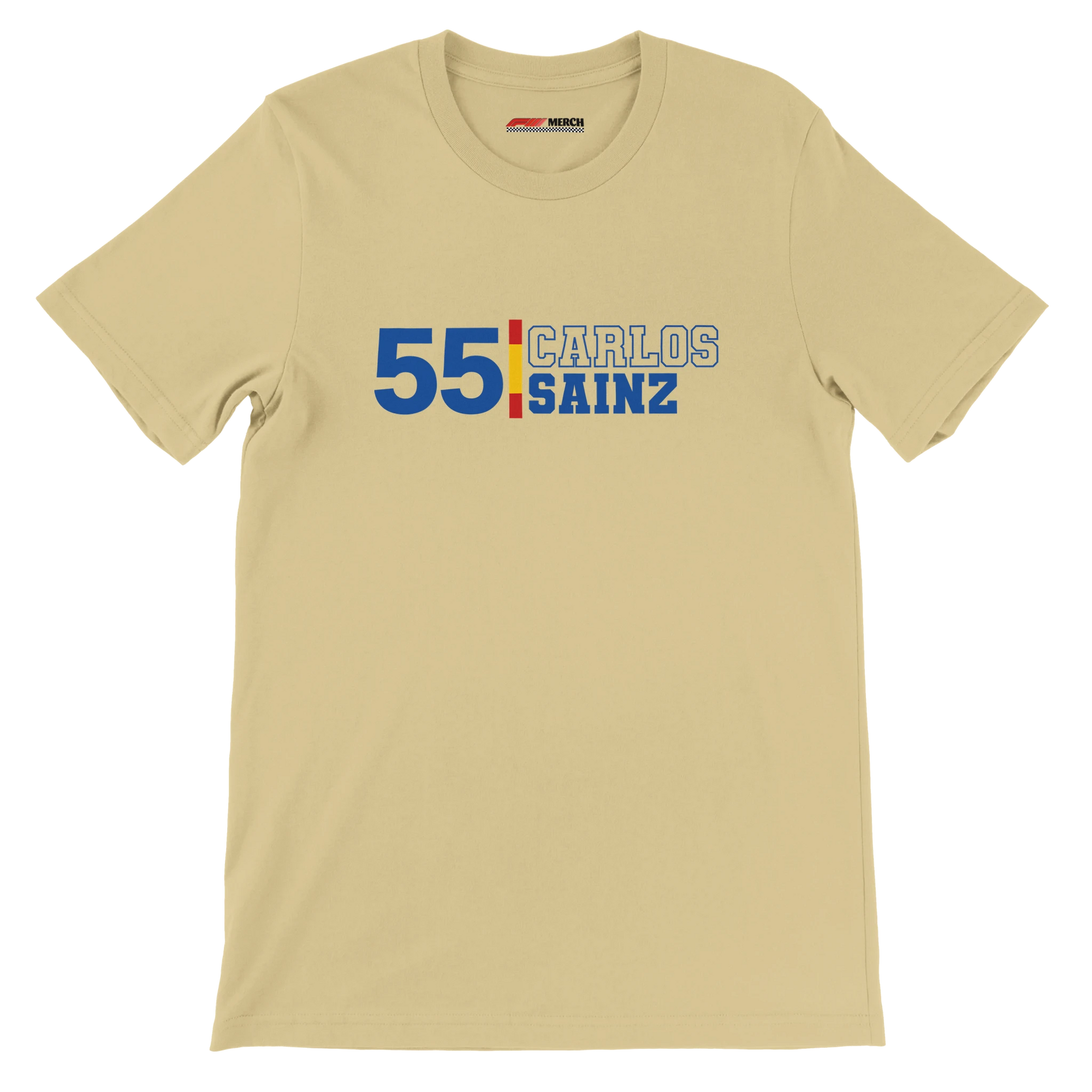 f111 merch soft-cream color t-shirt1 with carlos-sainz branding.