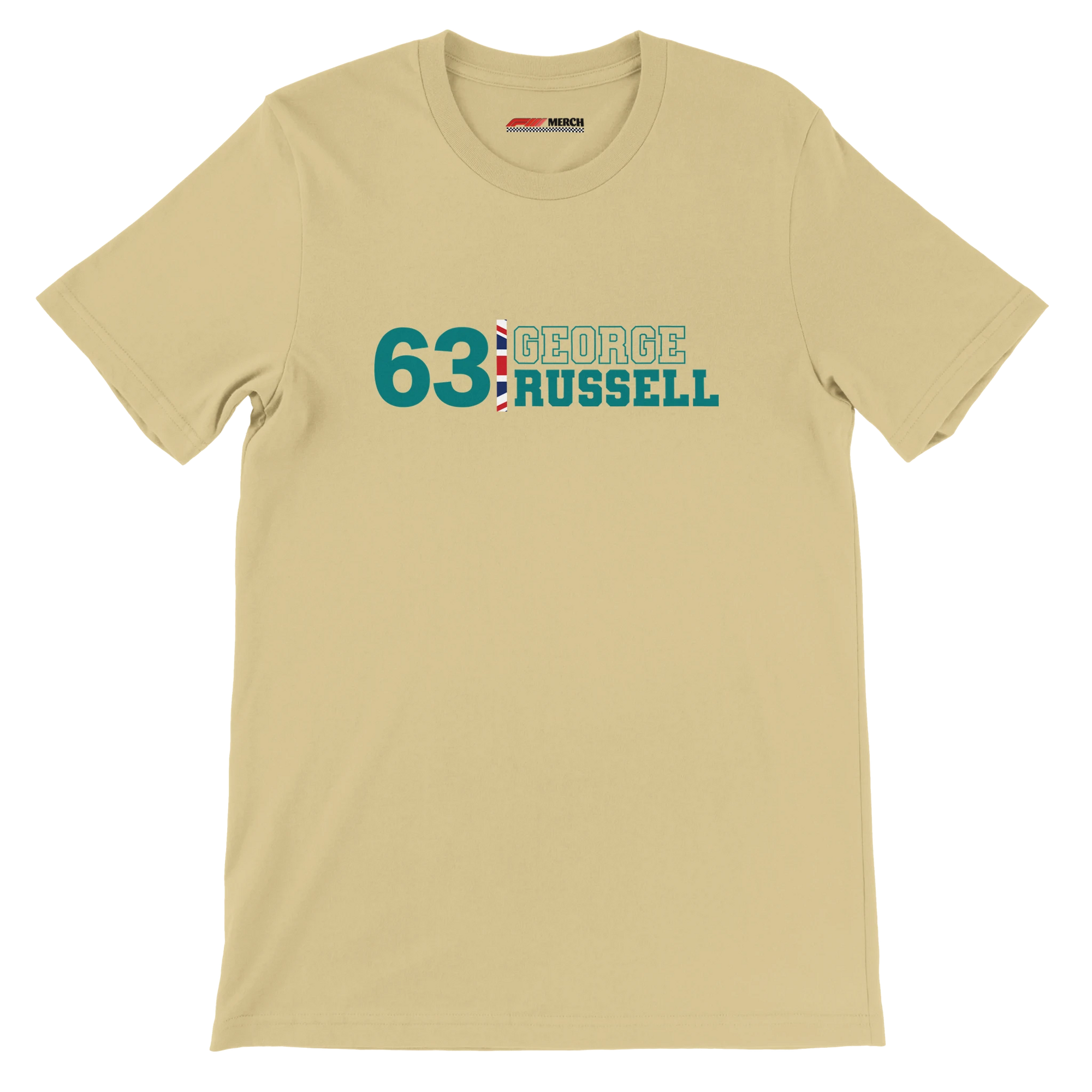 f111 merch soft-cream color t-shirt1 with george-russell branding.