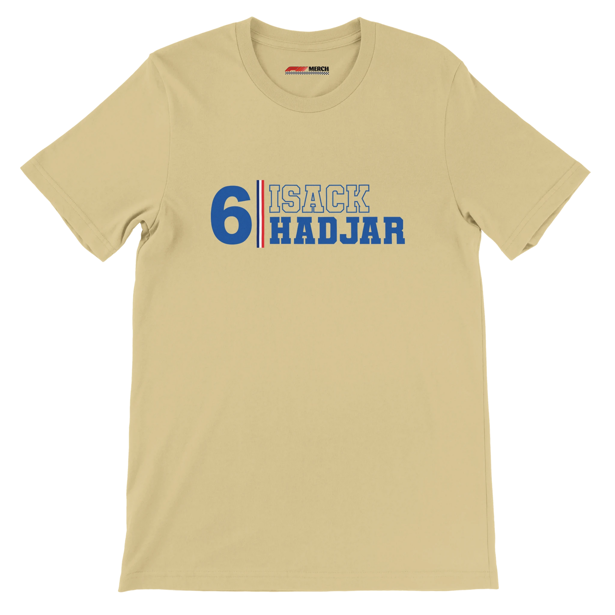 f111 merch soft-cream color t-shirt1 with isack-hadjar branding.