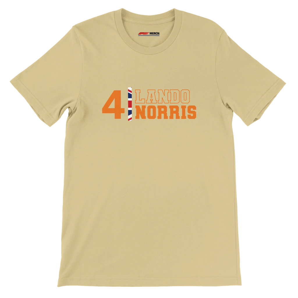 f111 merch soft-cream color t-shirt1 with lando-norris branding.