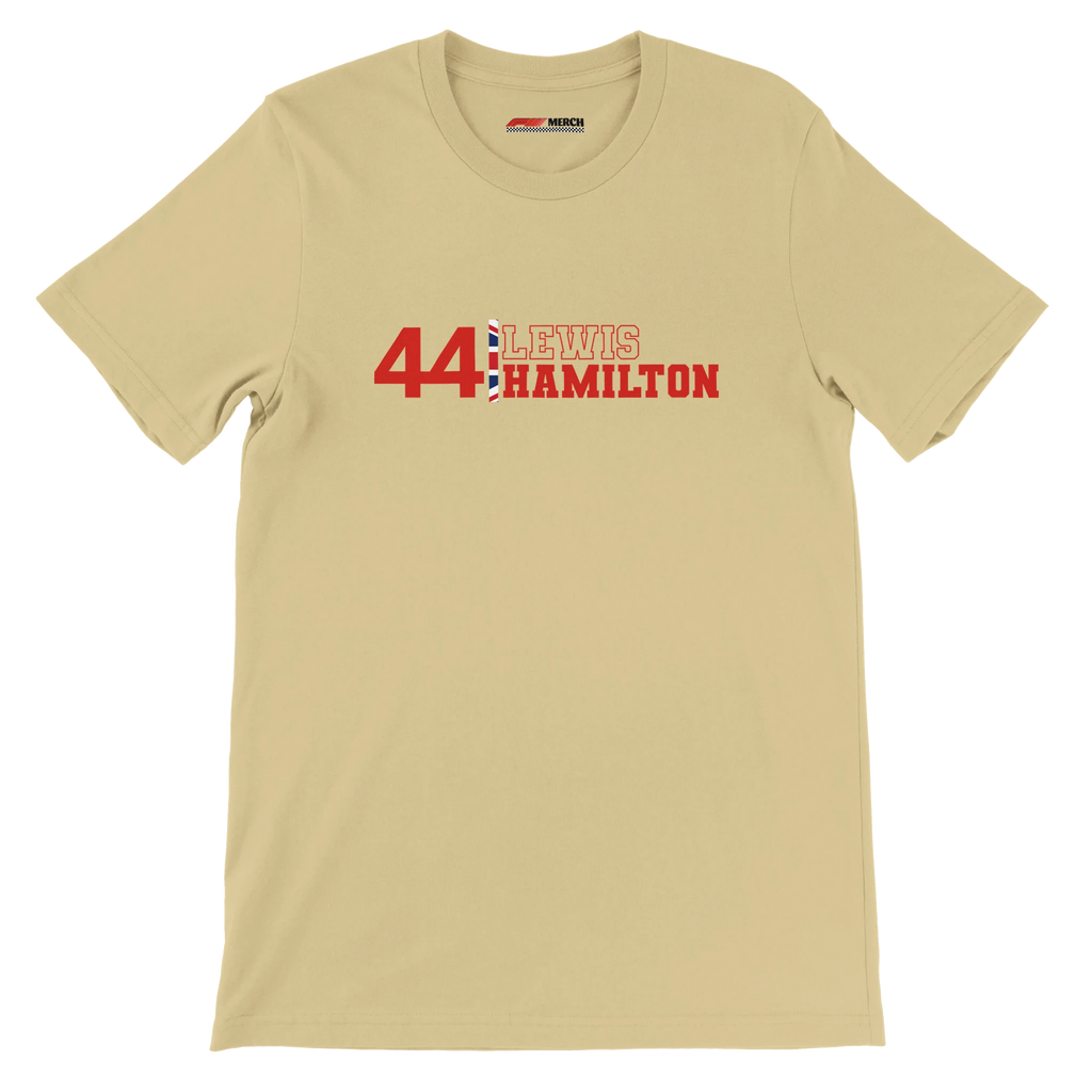 f111 merch soft-cream color t-shirt1 with lewis-hamilton branding.