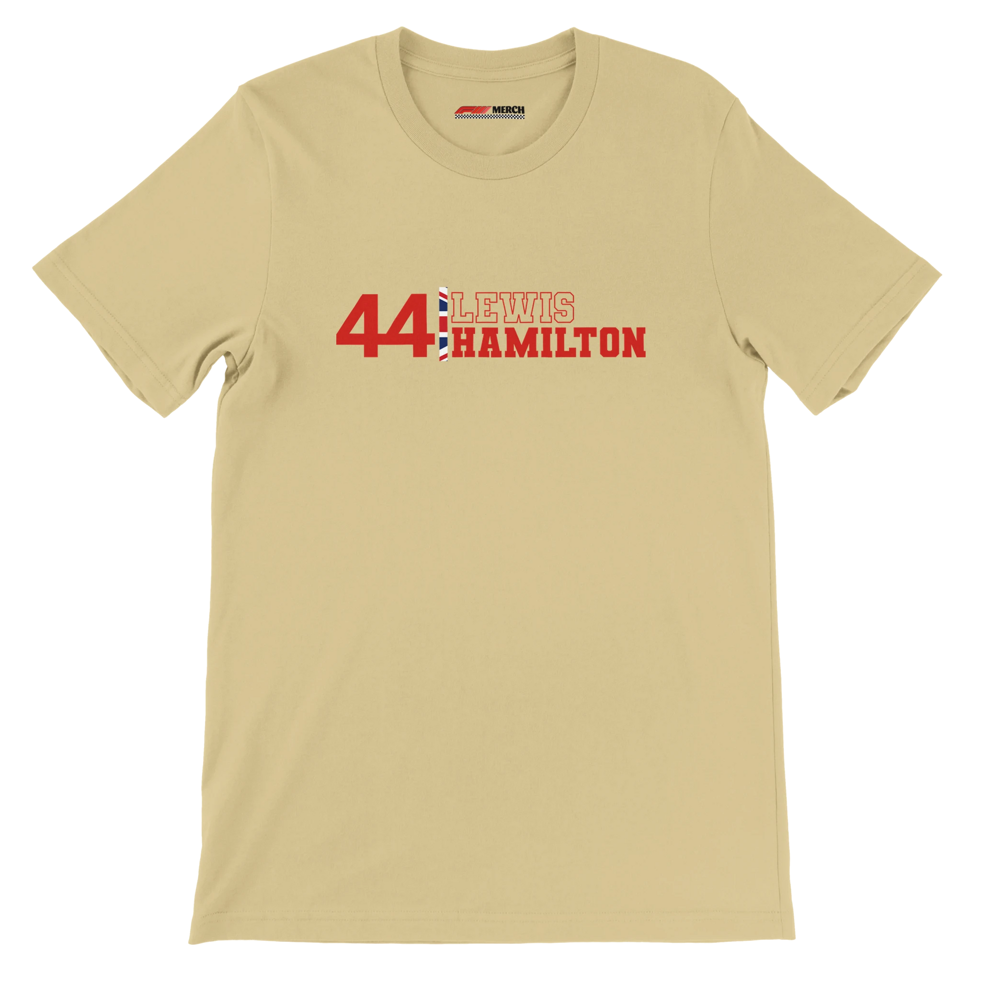 f111 merch soft-cream color t-shirt1 with lewis-hamilton branding.
