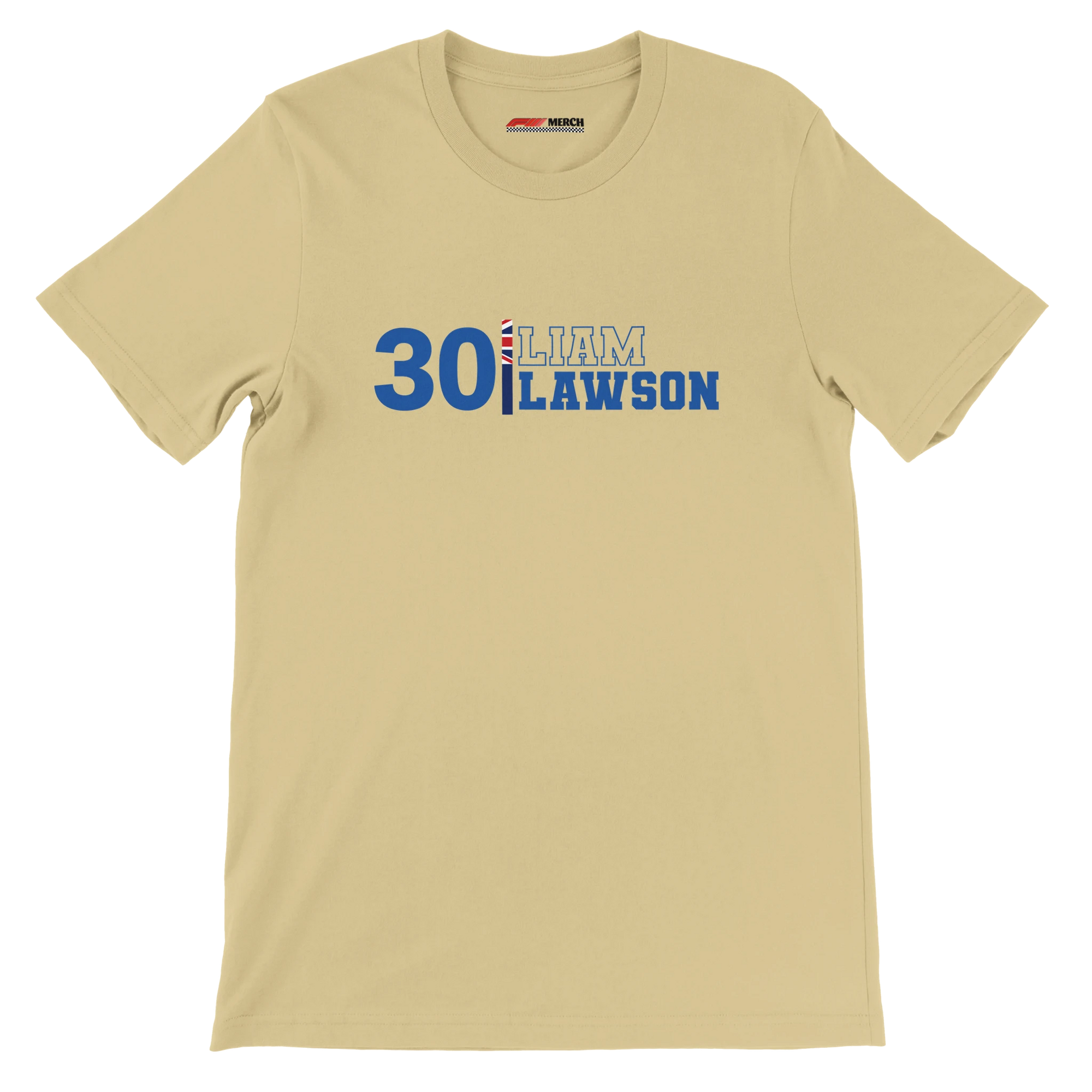 f111 merch soft-cream color t-shirt1 with liam-lawson branding.