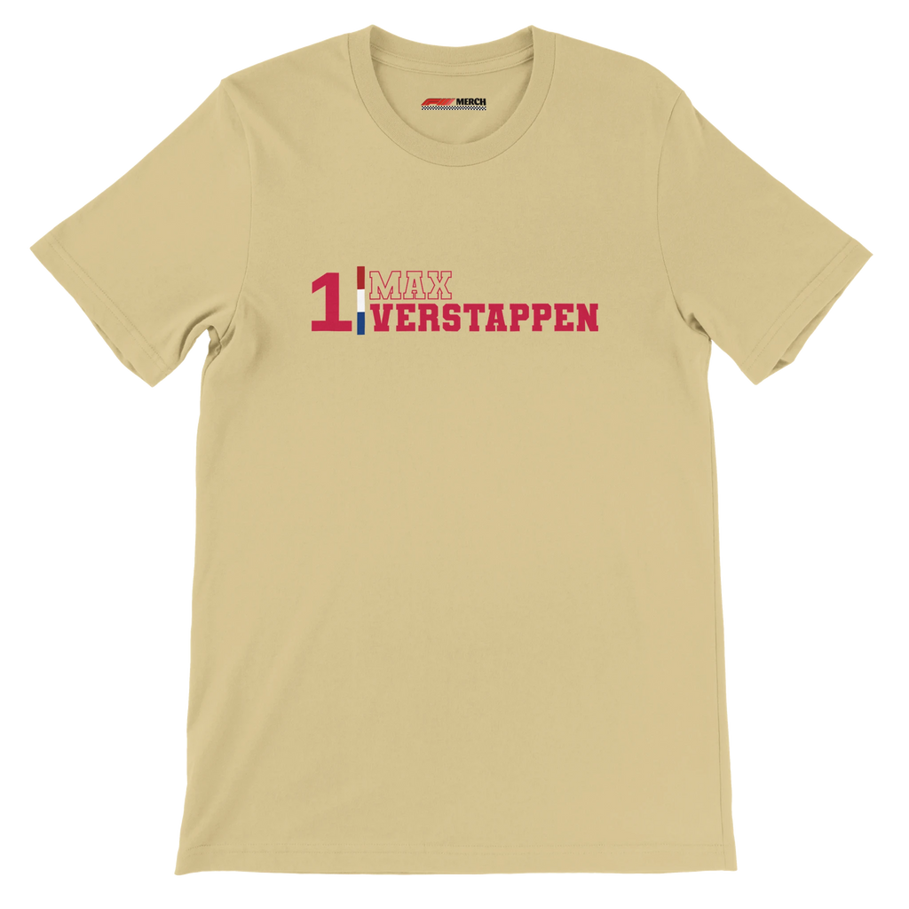 f111 merch soft-cream color t-shirt1 with max-verstappen branding.