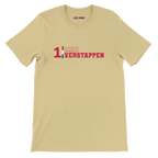 f111 merch soft-cream color t-shirt1 with max-verstappen branding.