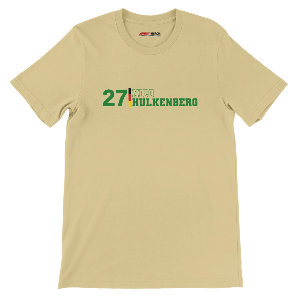 f111 merch soft-cream color t-shirt1 with nico-hulkenberg branding.