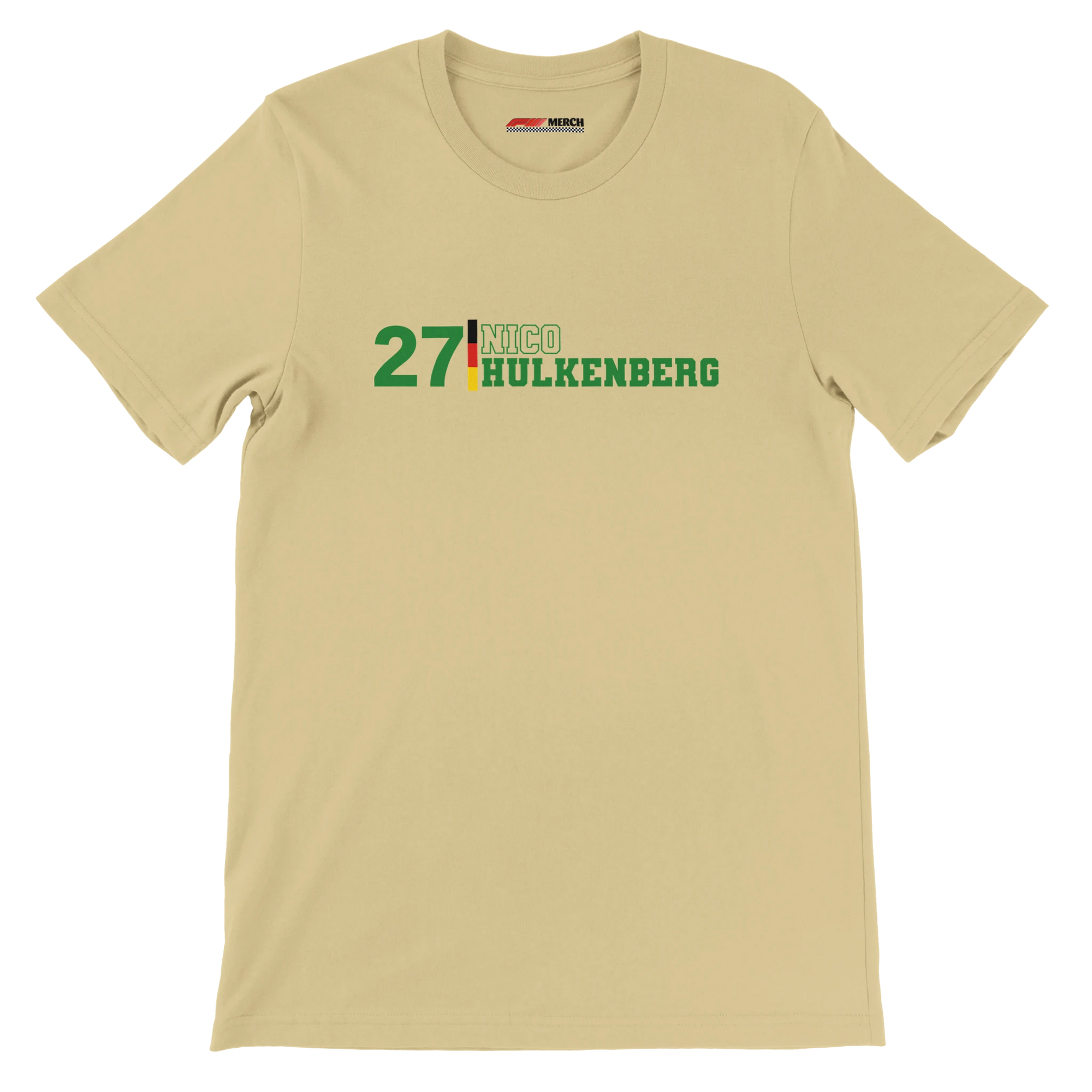 f111 merch soft-cream color t-shirt1 with nico-hulkenberg branding.