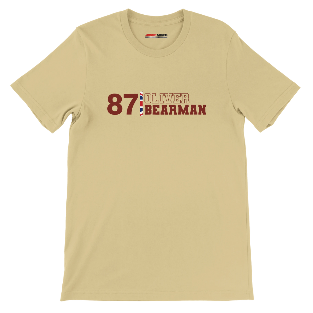 f111 merch soft-cream color t-shirt1 with oliver-bearman branding.