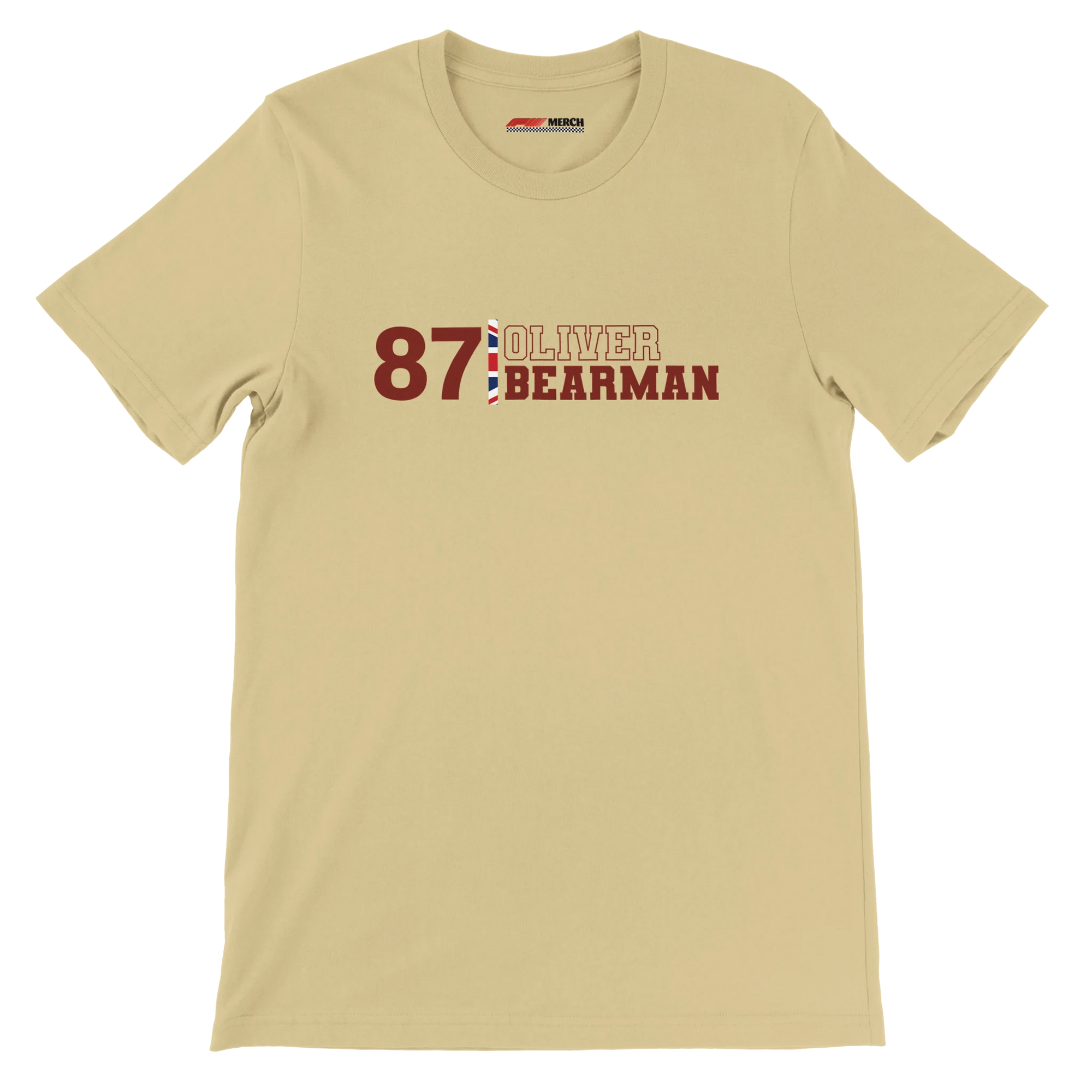 f111 merch soft-cream color t-shirt1 with oliver-bearman branding.