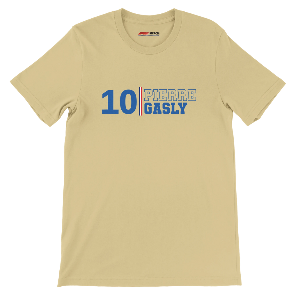 f111 merch soft-cream color t-shirt1 with pierre-gasly branding.