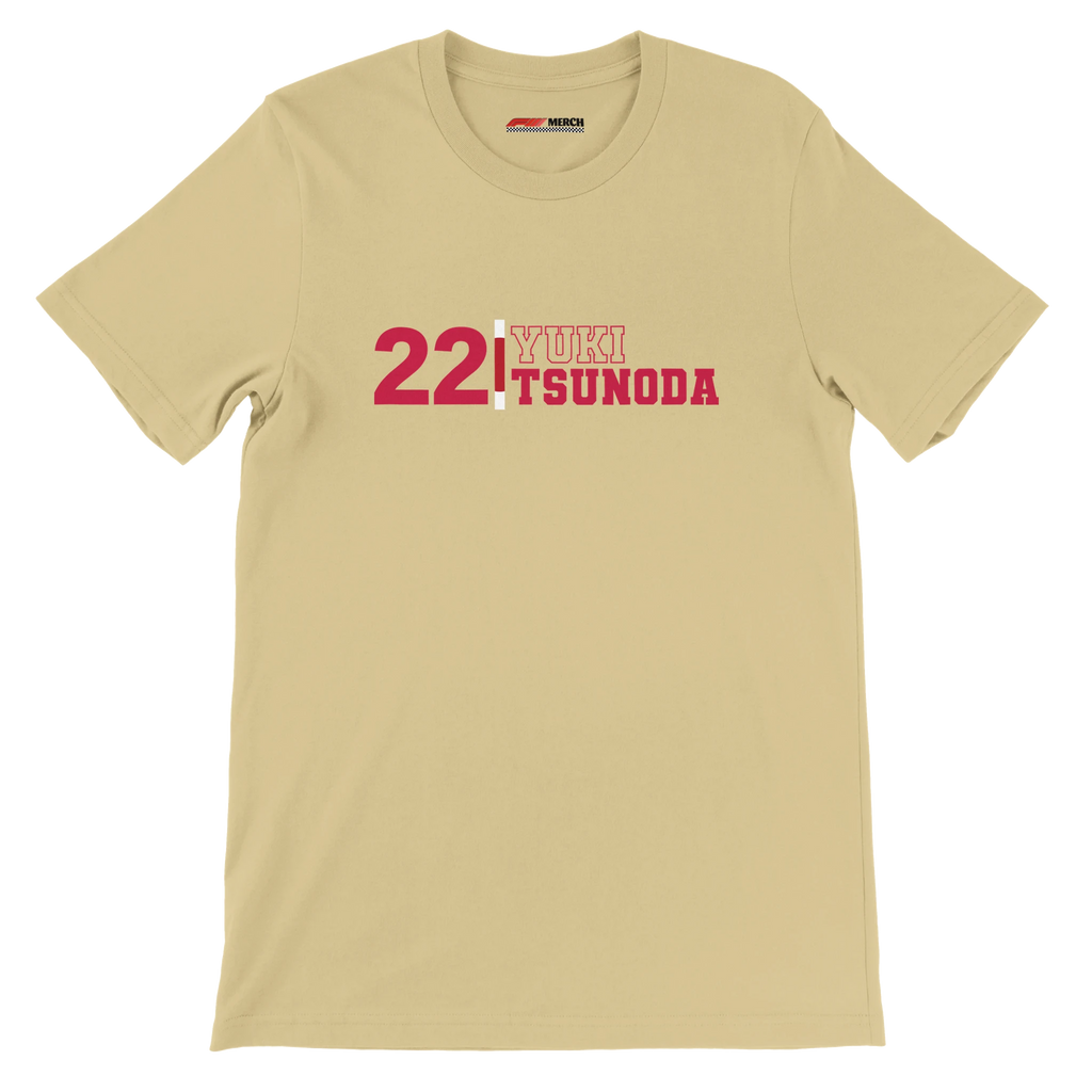 f111 merch soft-cream color t-shirt1 with yuki-tsunoda branding.
