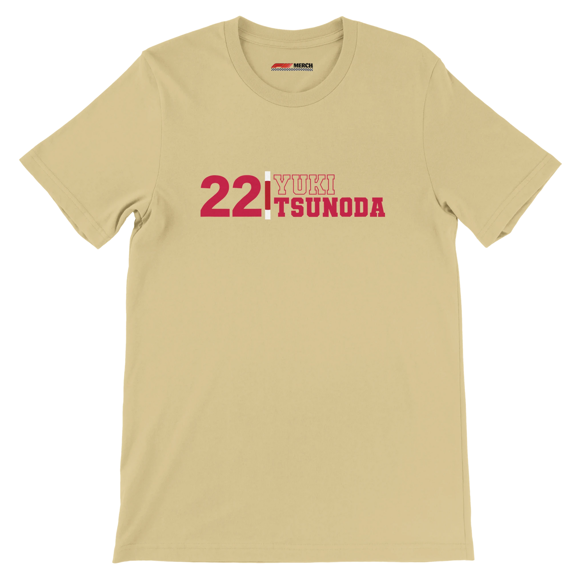 f111 merch soft-cream color t-shirt1 with yuki-tsunoda branding.