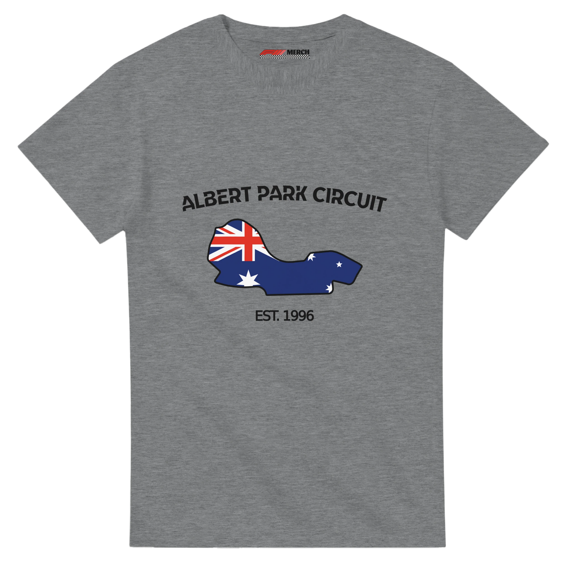 f111 merch sport-grey color t-shirt1 with albert-park-circuit branding.