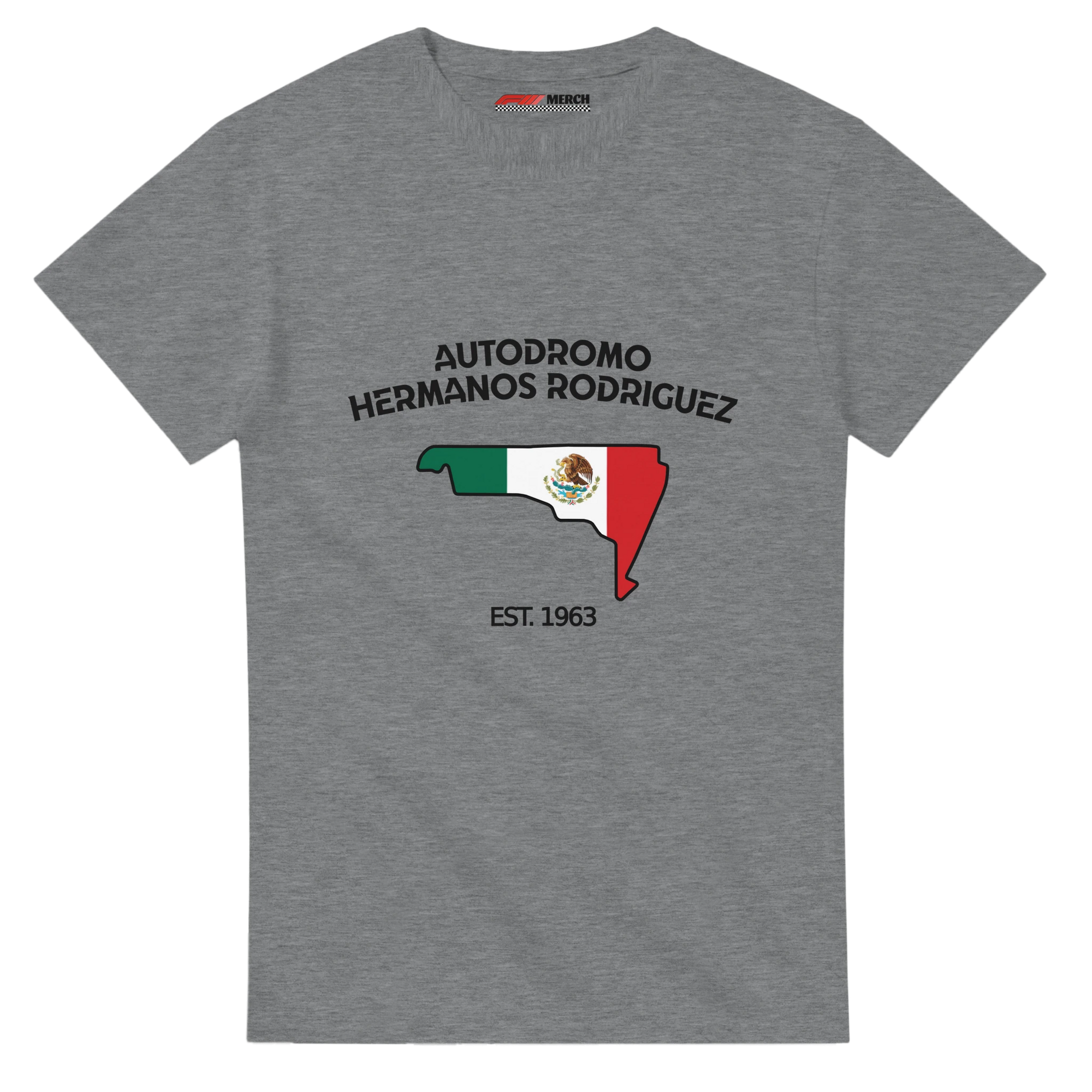 f111 merch sport-grey color t-shirt1 with autodromo-hermanos-rodriguez branding.