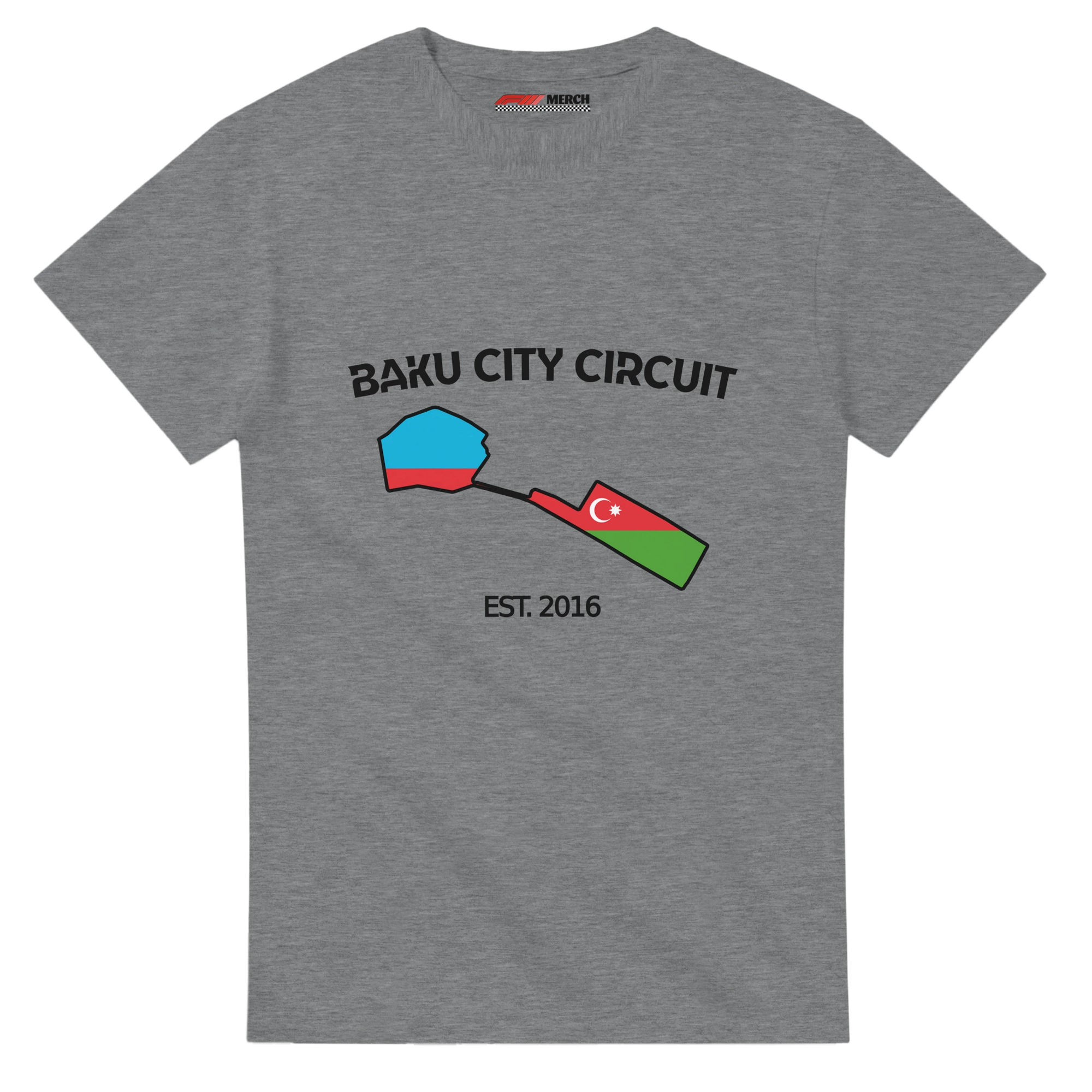 f111 merch sport-grey color t-shirt1 with baku-city-circuit branding.
