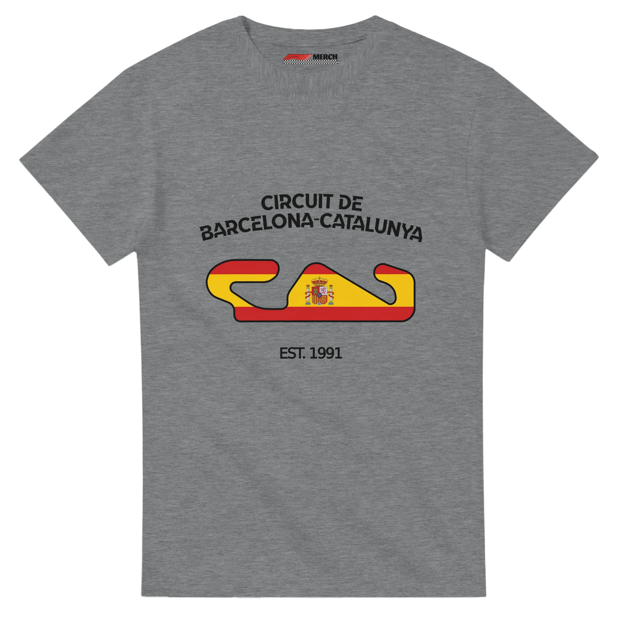 f111 merch sport-grey color t-shirt1 with circuit-de-barcelona-catalunya branding.