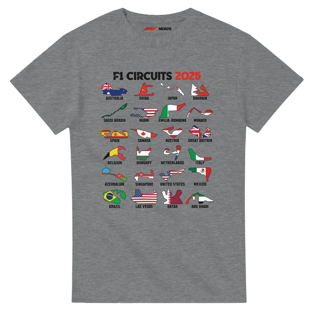 f111 merch sport-grey color t-shirt1 with f1-circuits-2025-v2 branding.