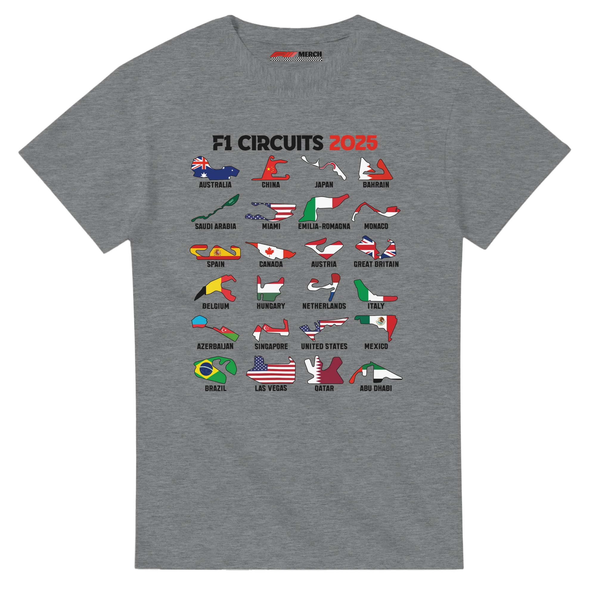 f111 merch sport-grey color t-shirt1 with f1-circuits-2025-v2 branding.