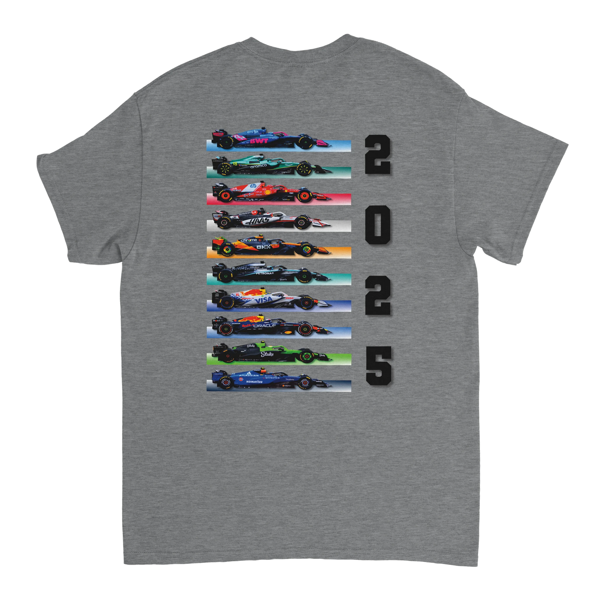f111 merch sport-grey color t-shirt1 with f1-teams-2025 branding.
