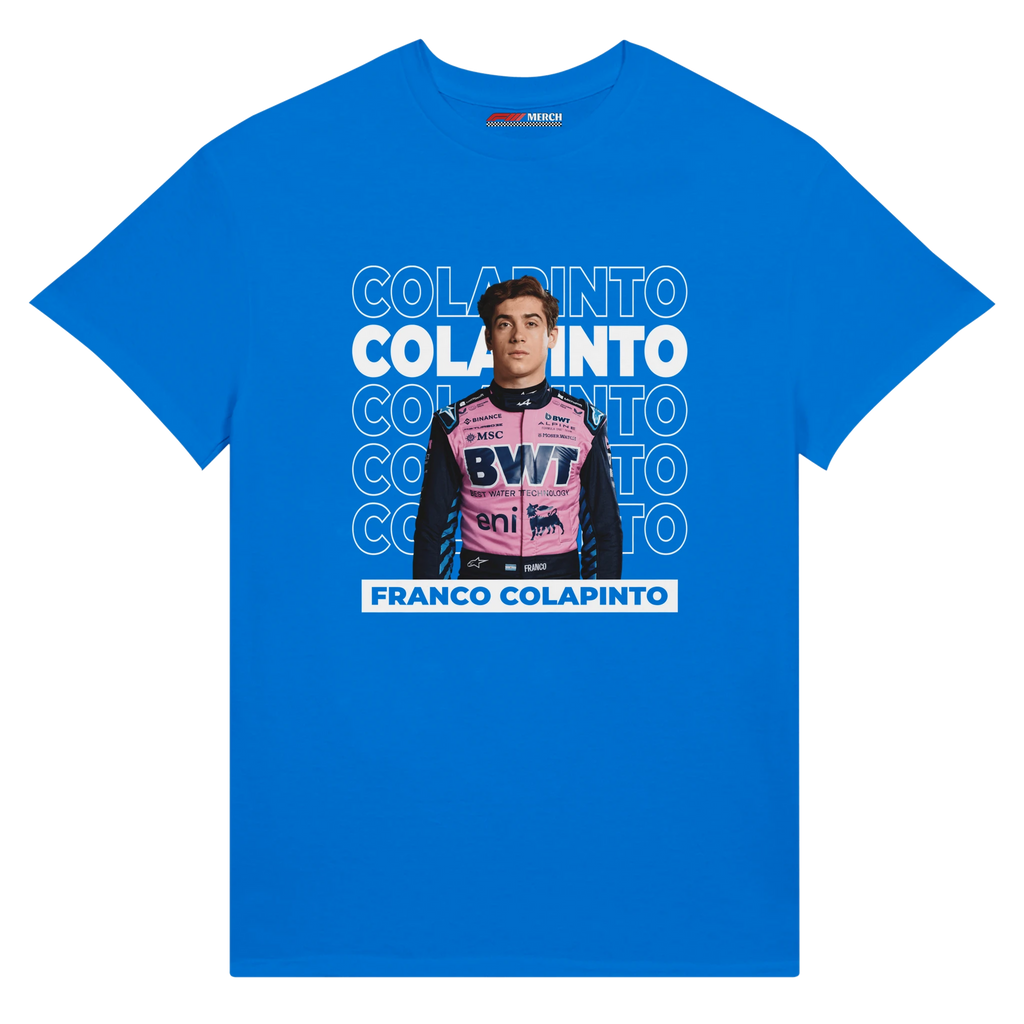 f111 merch true-royal color t-shirt1 with franco-colapinto branding.