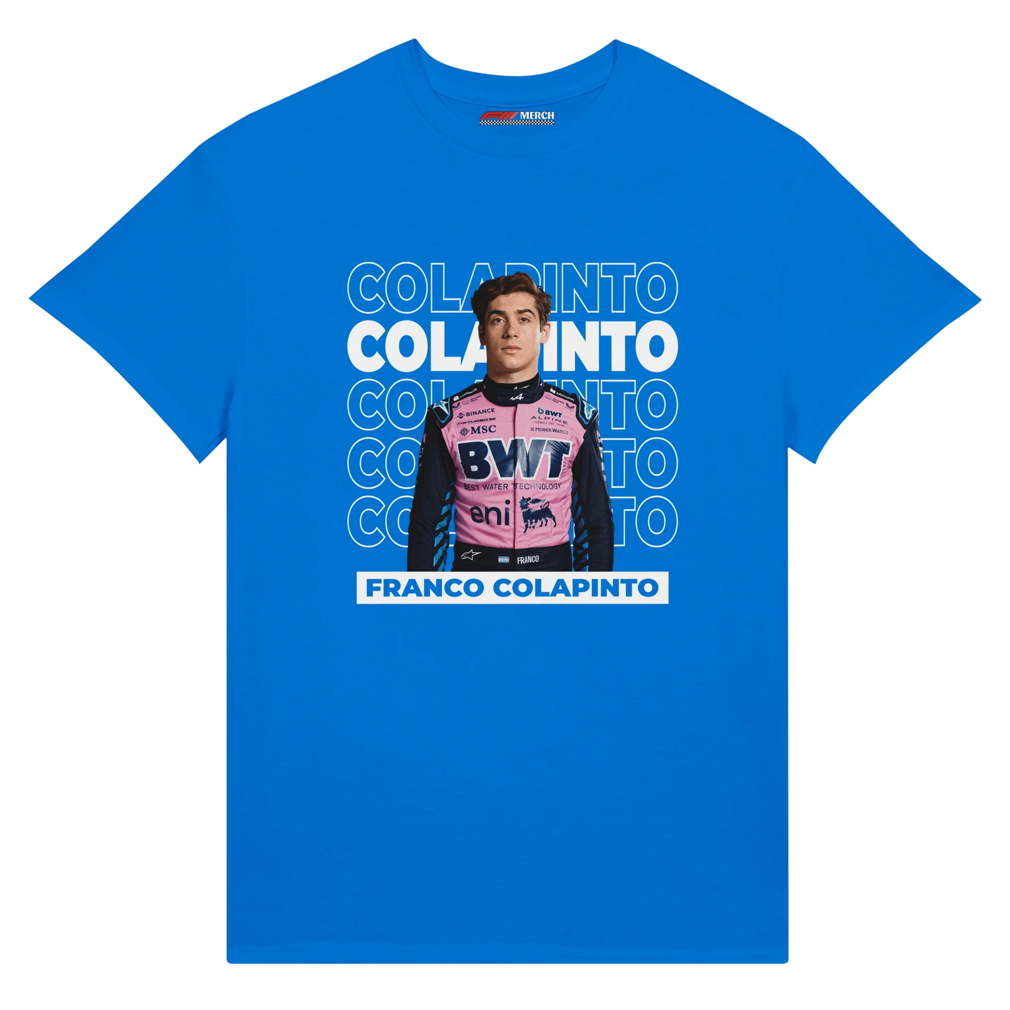 f111 merch true-royal color t-shirt1 with franco-colapinto branding.