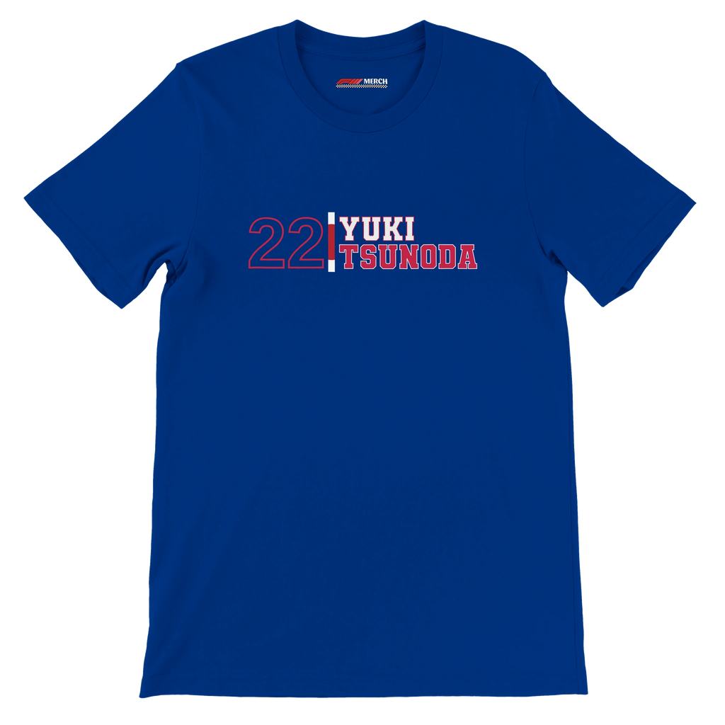 f111 merch true-royal color t-shirt1 with yuki-tsunoda branding.