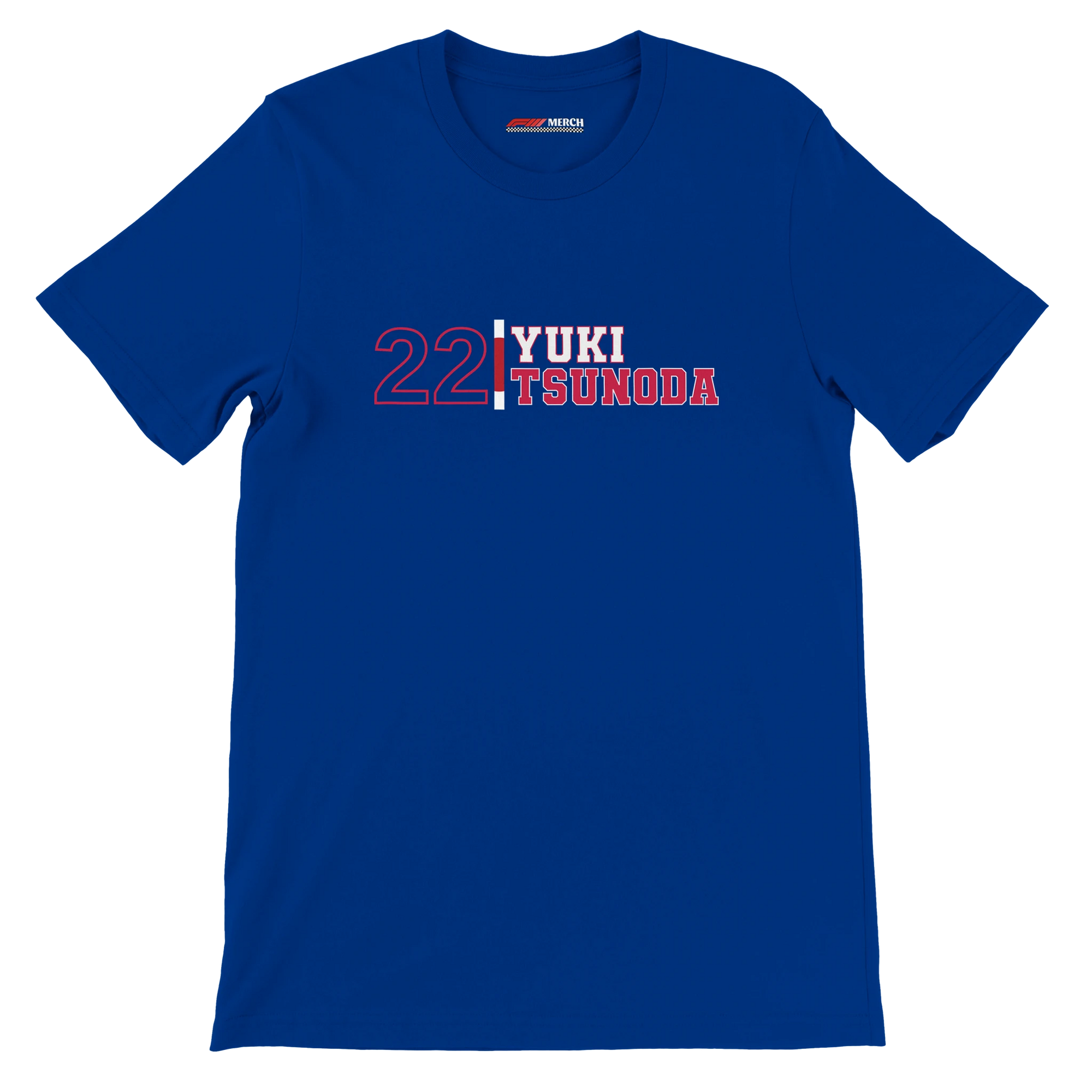 f111 merch true-royal color t-shirt1 with yuki-tsunoda branding.