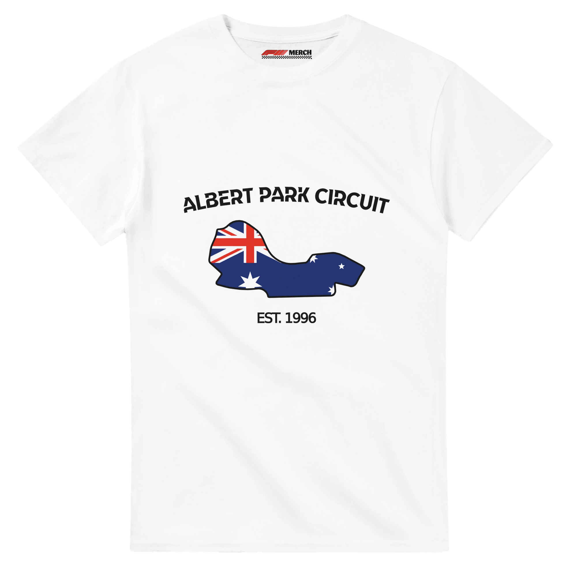 f111 merch white color t-shirt1 with albert-park-circuit branding.