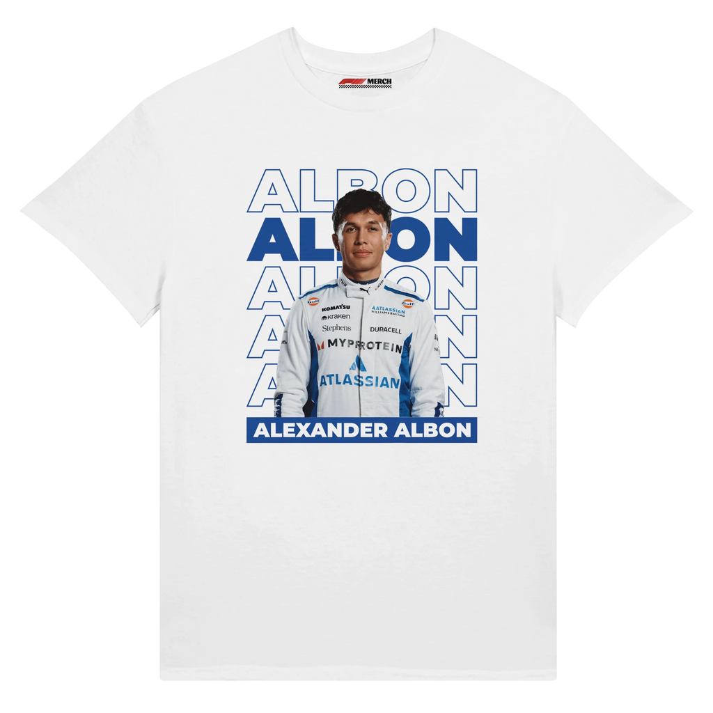 f111 merch white color t-shirt1 with alex-albon branding.