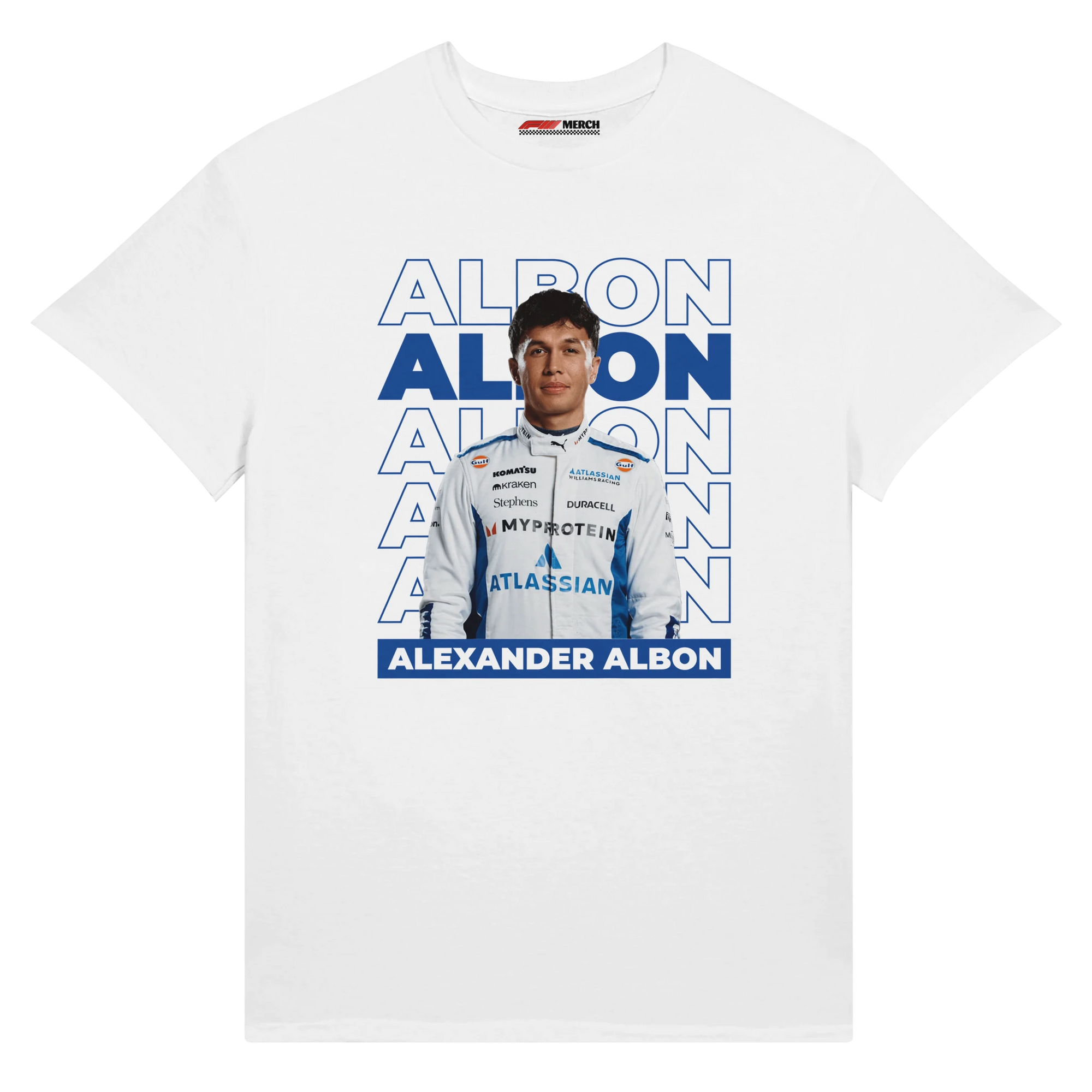 f111 merch white color t-shirt1 with alex-albon branding.