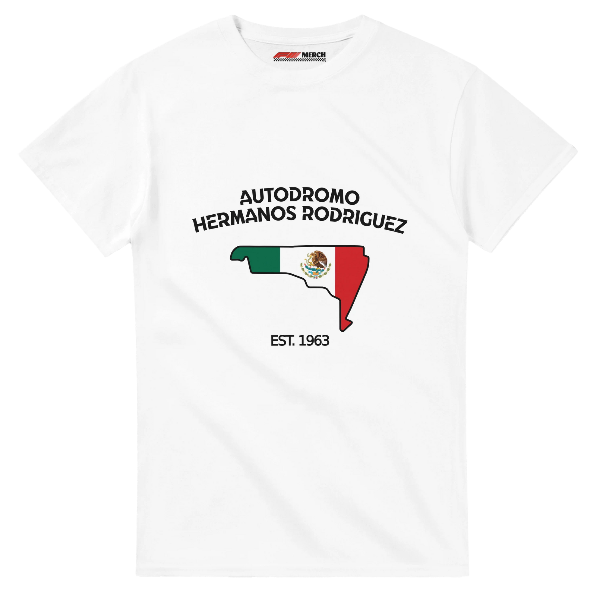 f111 merch white color t-shirt1 with autodromo-hermanos-rodriguez branding.