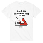 f111 merch white color t-shirt1 with bahrain-international-circuit branding.
