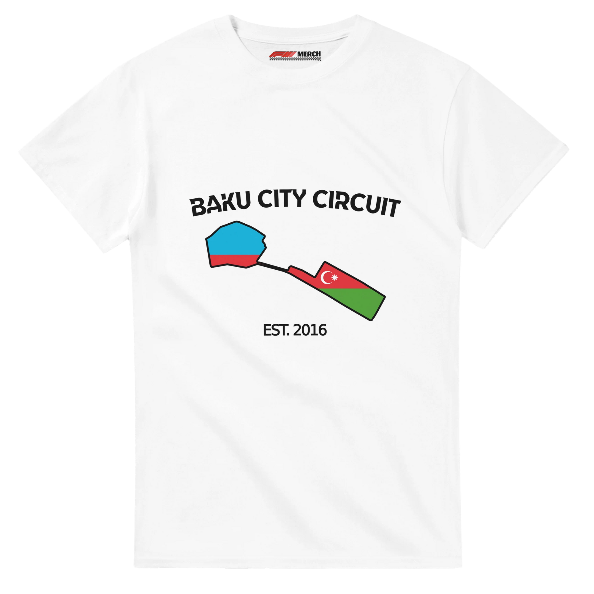 f111 merch white color t-shirt1 with baku-city-circuit branding.