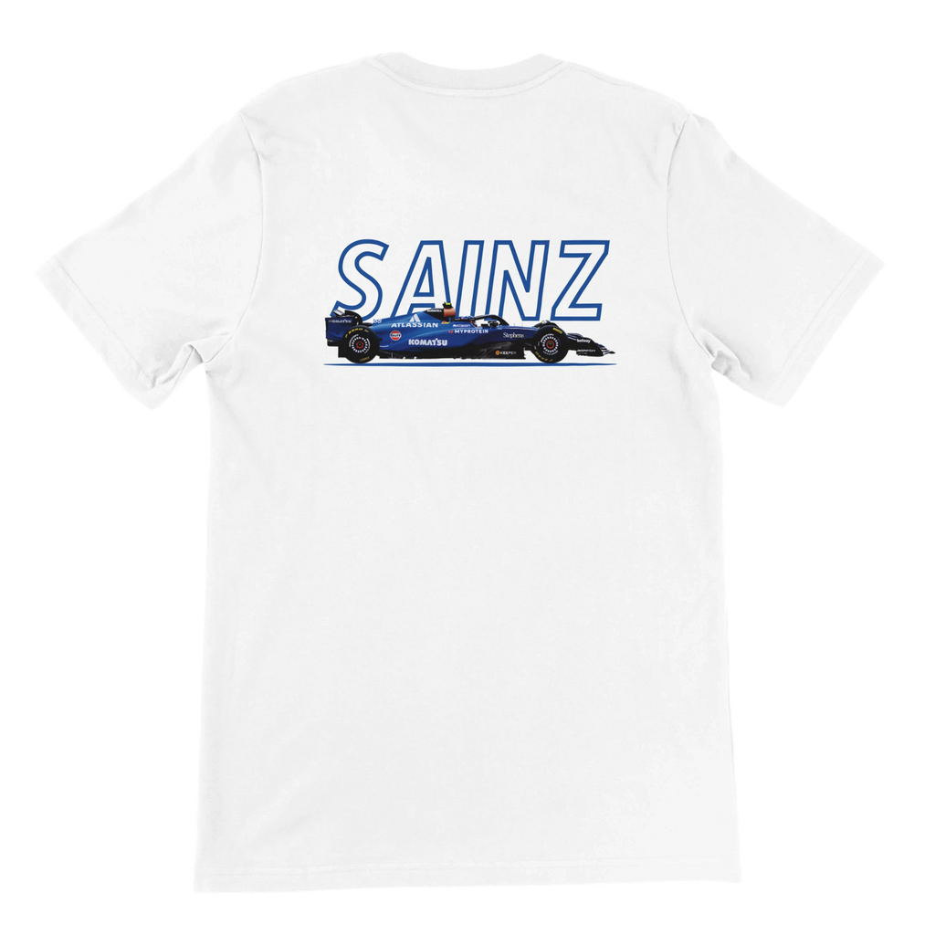 f111 merch white color t-shirt1 with carlos-sainz branding.
