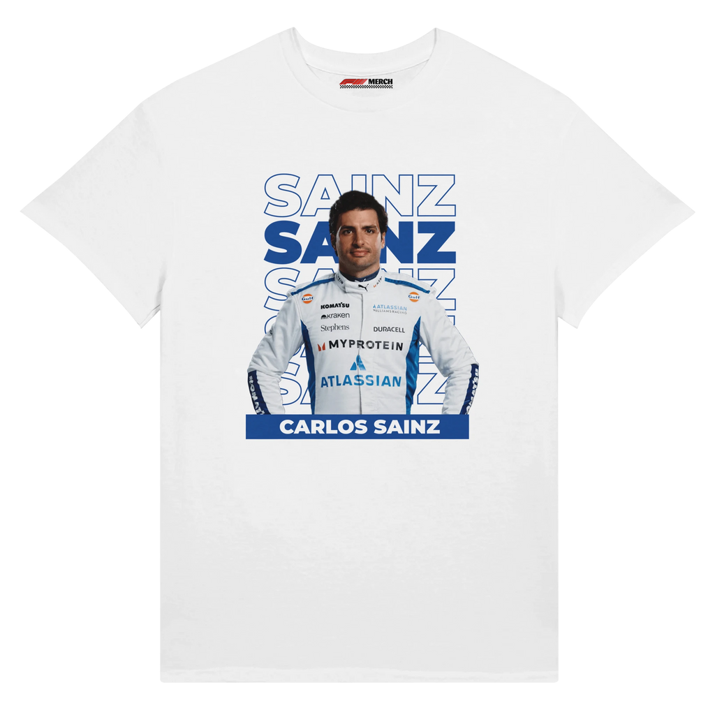 f111 merch white color t-shirt1 with carlos-sainz branding.